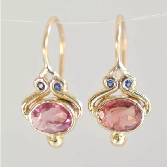 Jewelry - 🌸Pink & Blue Topaz Owl Earrings in 14k Gold Plate